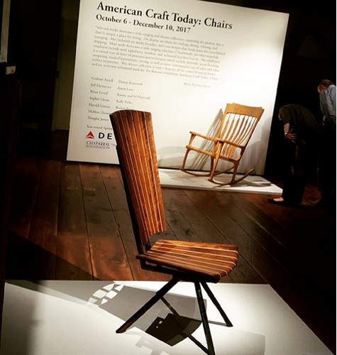 Coopered and tapered black walnut, American holly, and oil-flamed welded steel chair at the Bascom in Highlands, NC
